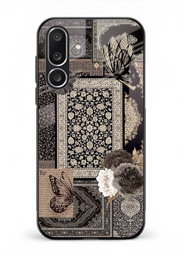 Dark vintage collage artwork printed on premium tempered glass Samsung M36 5G back cover