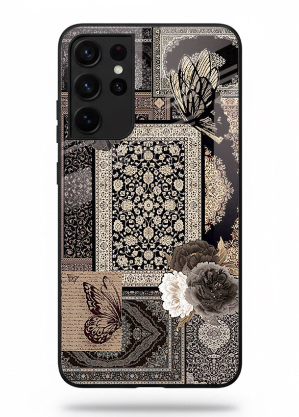 Dark vintage collage artwork printed on premium tempered glass Samsung S21 Ultra back cover