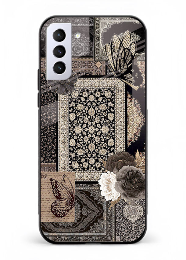 Dark vintage collage artwork printed on premium tempered glass Samsung S21 back cover