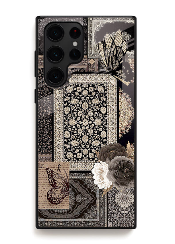 Dark vintage collage artwork printed on premium tempered glass Samsung S25 Ultra back cover