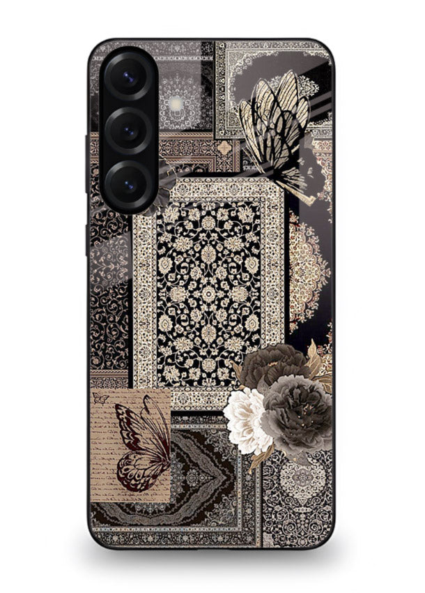 Dark vintage collage artwork printed on premium tempered glass Samsung A56 5G back cover