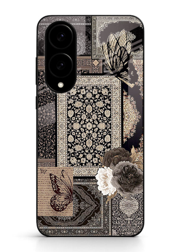 Dark vintage collage artwork printed on premium tempered glass Samsung S25 Edge back cover