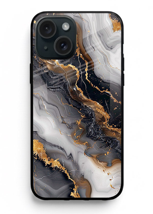 MidnightGold Marble Vein iphone 14 plus glass back cover with dark marble and gold highlights