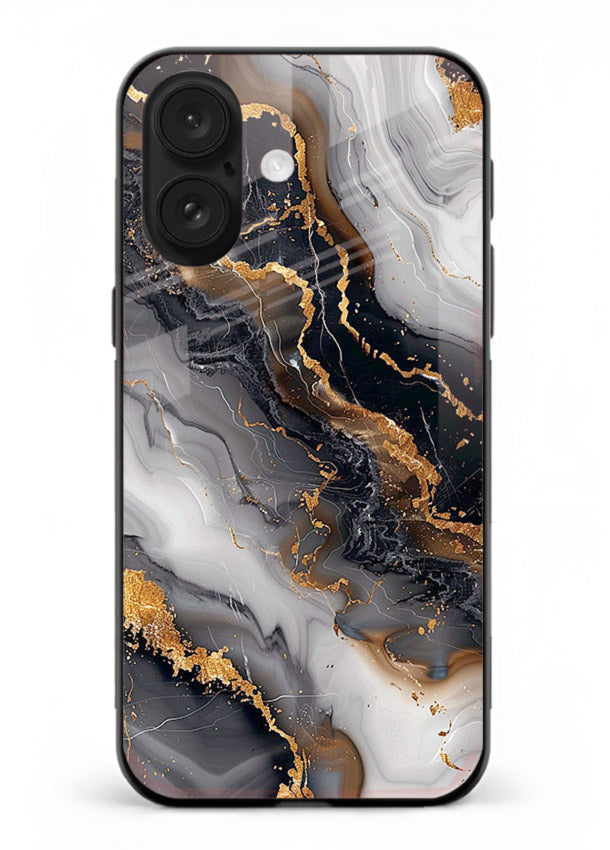 MidnightGold Marble Vein iphone 17 glass back cover with dark marble and gold highlights