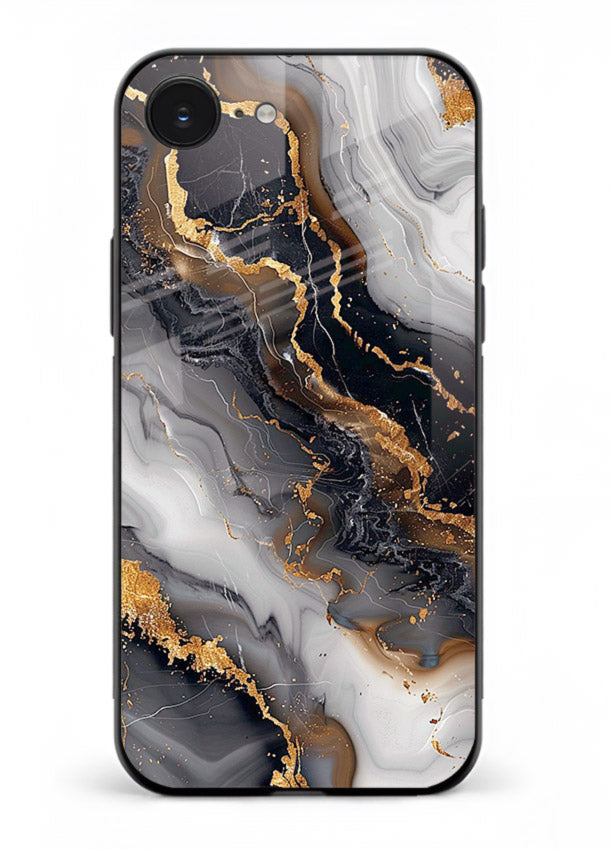 MidnightGold Marble Vein iphone 16e glass back cover with dark marble and gold highlights