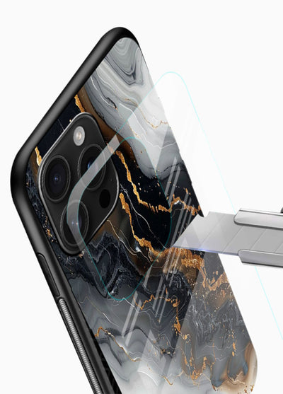 MidnightGold Marble Vein glossy vibrant premium glass back cover with dark marble and gold highlights - Angle Blade