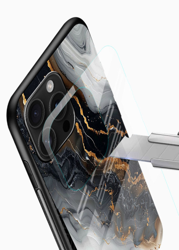 MidnightGold Marble Vein glossy vibrant premium glass back cover with dark marble and gold highlights - Angle Blade