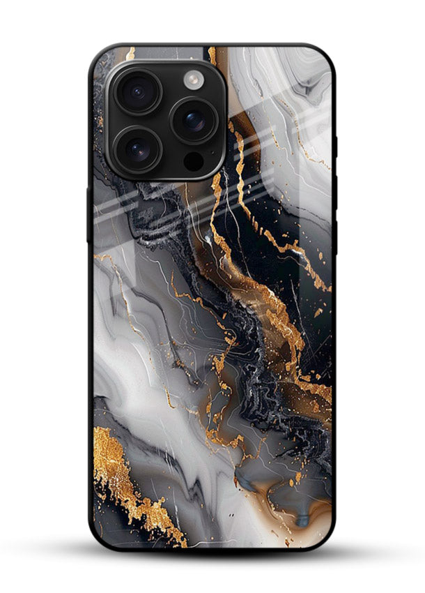 MidnightGold Marble Vein glossy vibrant premium glass back cover with dark marble and gold highlights - Angle Front