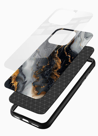 MidnightGold Marble Vein glossy vibrant premium glass back cover with dark marble and gold highlights - Angle Layers