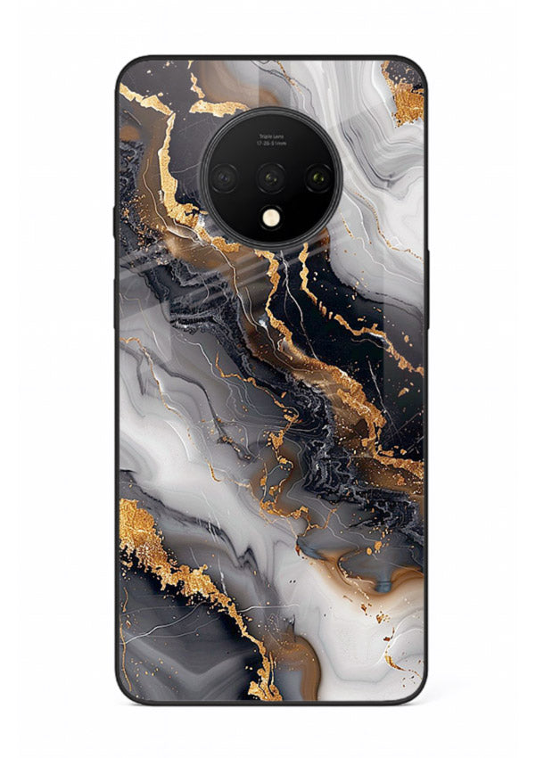 MidnightGold Marble Vein OnePlus 7T glass back cover with dark marble and gold highlights
