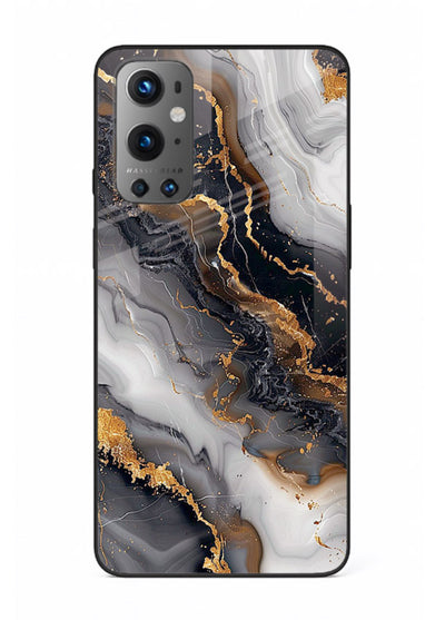 MidnightGold Marble Vein OnePlus 9 glass back cover with dark marble and gold highlights