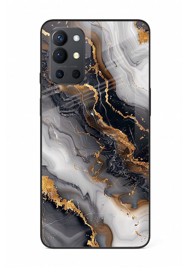 MidnightGold Marble Vein OnePlus 9R glass back cover with dark marble and gold highlights