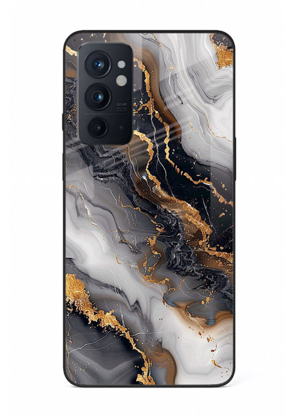 MidnightGold Marble Vein OnePlus 9RT glass back cover with dark marble and gold highlights