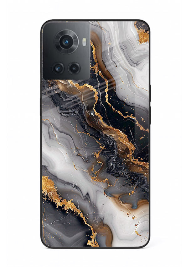 MidnightGold Marble Vein OnePlus 10R glass back cover with dark marble and gold highlights