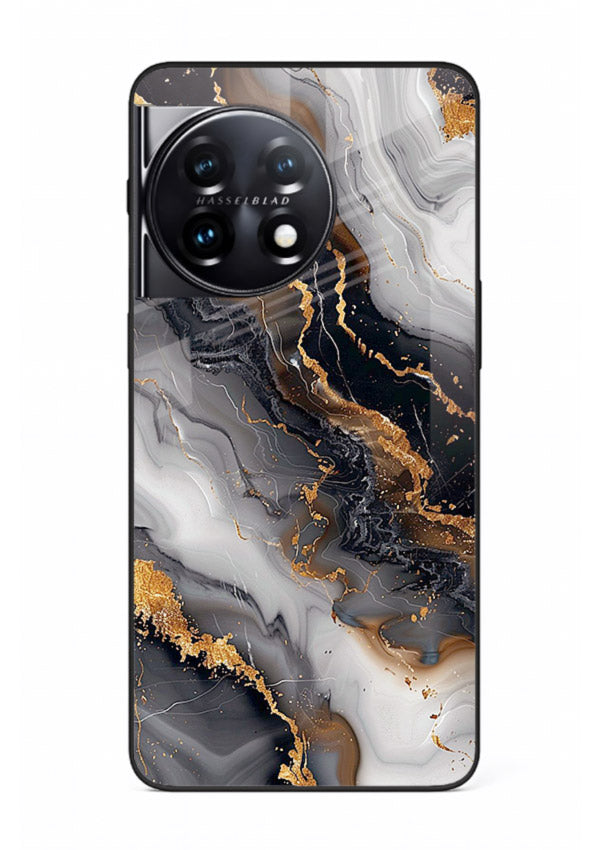 MidnightGold Marble Vein OnePlus 11R glass back cover with dark marble and gold highlights