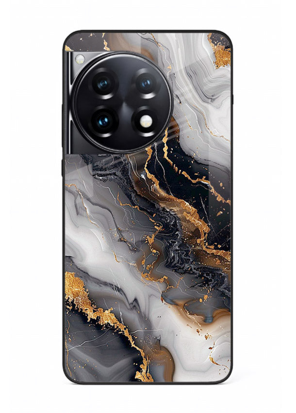 MidnightGold Marble Vein OnePlus 12R glass back cover with dark marble and gold highlights