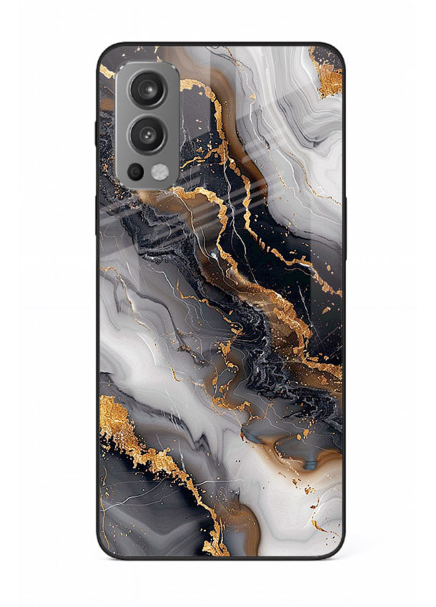 MidnightGold Marble Vein OnePlus Nord 2 glass back cover with dark marble and gold highlights