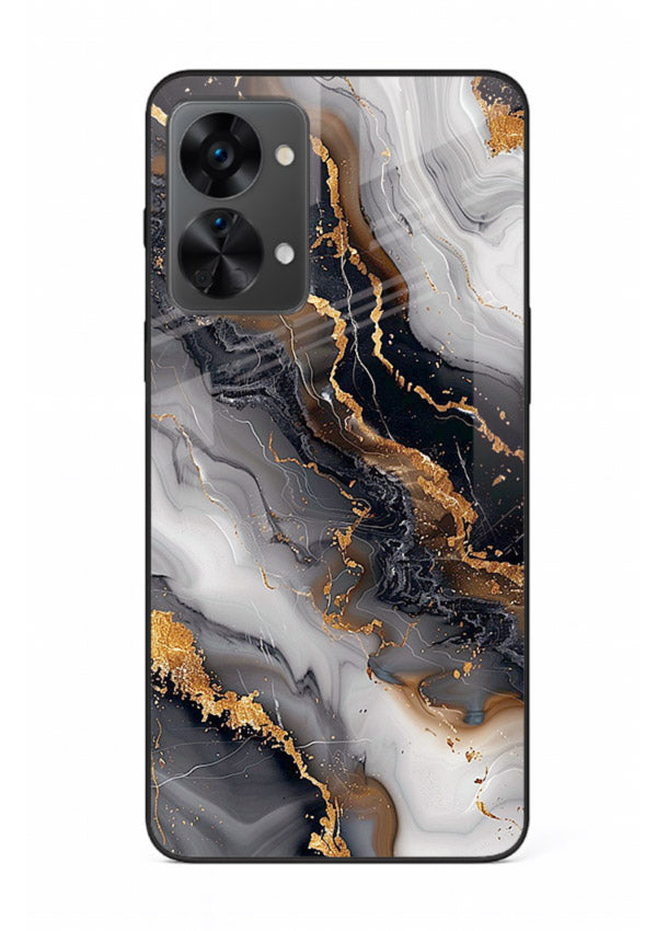 MidnightGold Marble Vein OnePlus Nord 2T glass back cover with dark marble and gold highlights