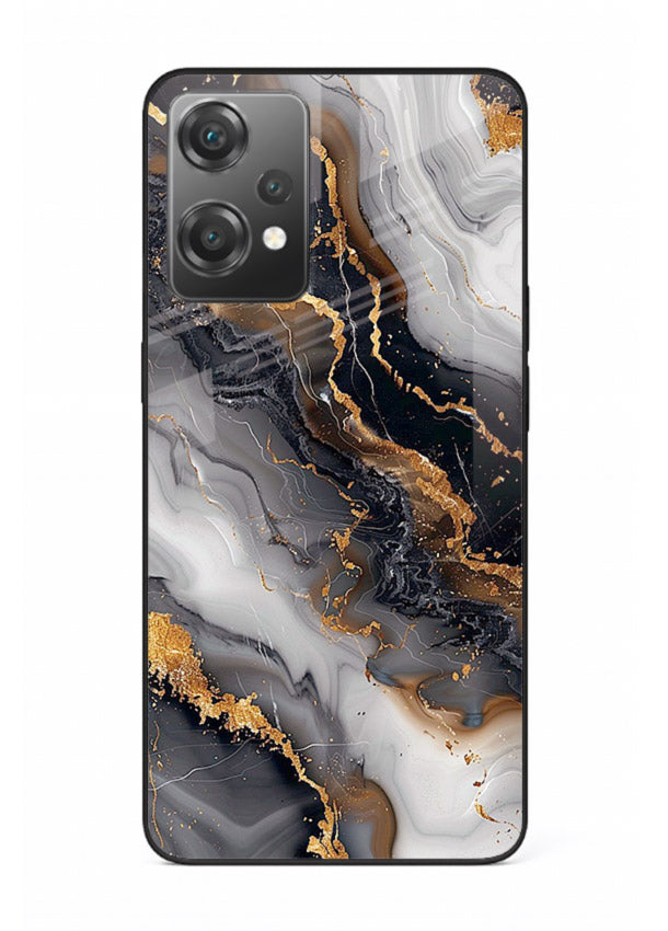 MidnightGold Marble Vein OnePlus Nord CE2 Lite 5G glass back cover with dark marble and gold highlights
