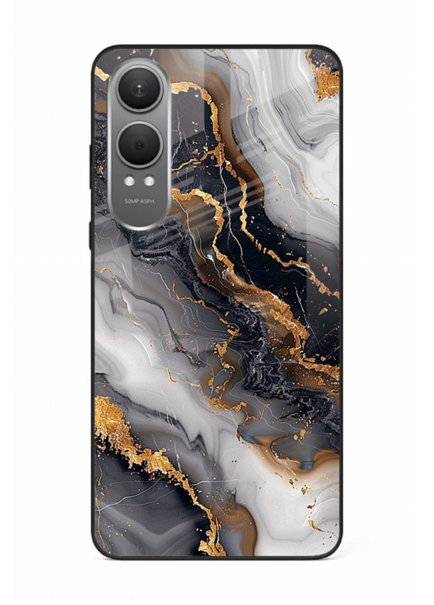 MidnightGold Marble Vein OnePlus Nord CE4 Lite glass back cover with dark marble and gold highlights