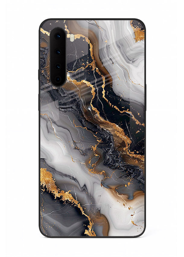 MidnightGold Marble Vein OnePlus Nord glass back cover with dark marble and gold highlights