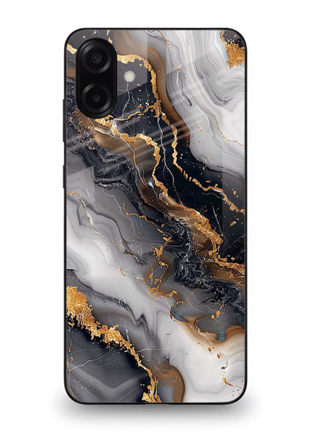 MidnightGold Marble Vein Samsung M13 5G glass back cover with dark marble and gold highlights