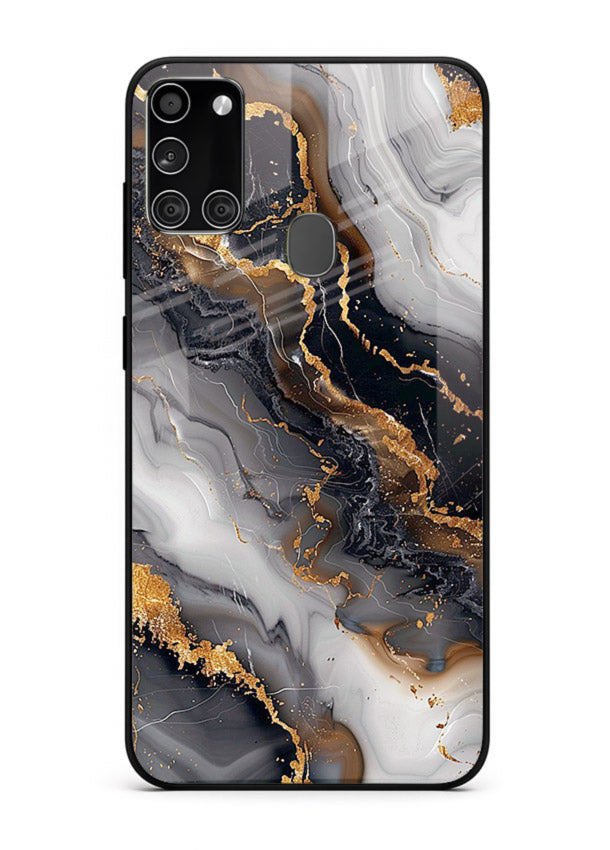 MidnightGold Marble Vein Samsung A21s glass back cover with dark marble and gold highlights