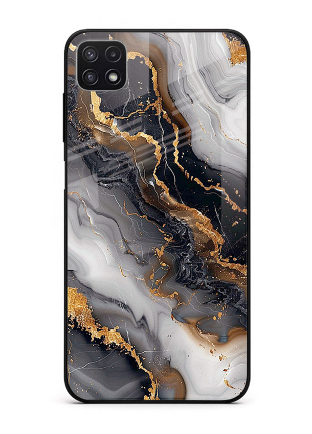 MidnightGold Marble Vein Samsung F42 5G glass back cover with dark marble and gold highlights