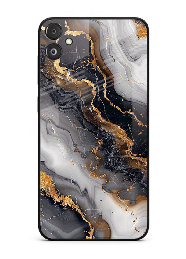MidnightGold Marble Vein Samsung F05 5G glass back cover with dark marble and gold highlights