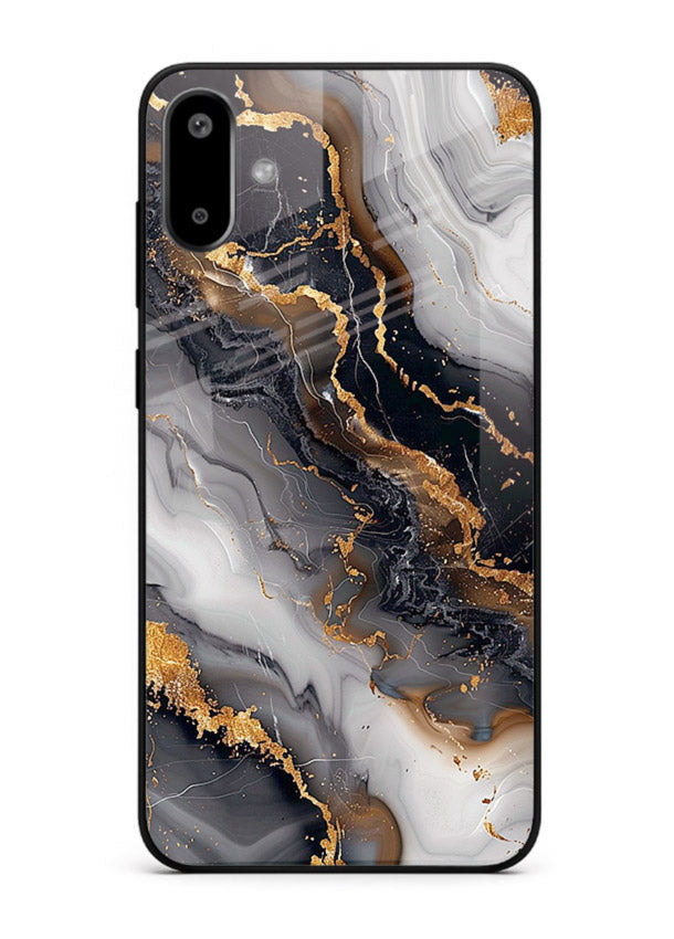 MidnightGold Marble Vein Samsung F06 5G glass back cover with dark marble and gold highlights