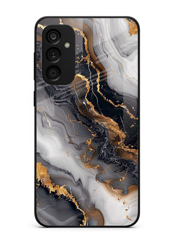 MidnightGold Marble Vein Samsung F15 5G glass back cover with dark marble and gold highlights