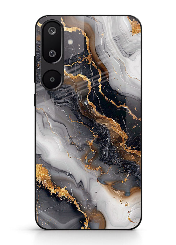 MidnightGold Marble Vein Samsung F16 5G glass back cover with dark marble and gold highlights