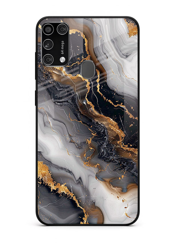 MidnightGold Marble Vein Samsung M31 Prime glass back cover with dark marble and gold highlights