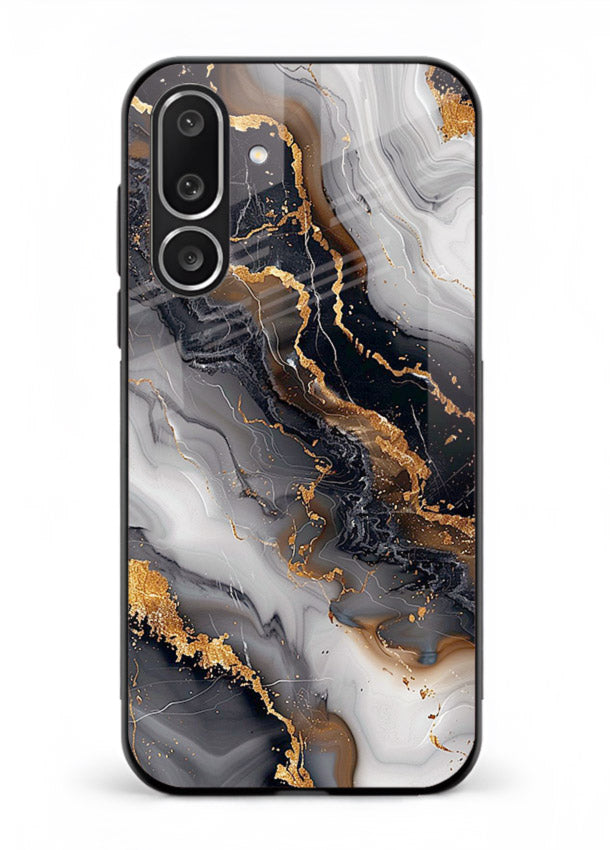 MidnightGold Marble Vein Samsung M56 5G glass back cover with dark marble and gold highlights