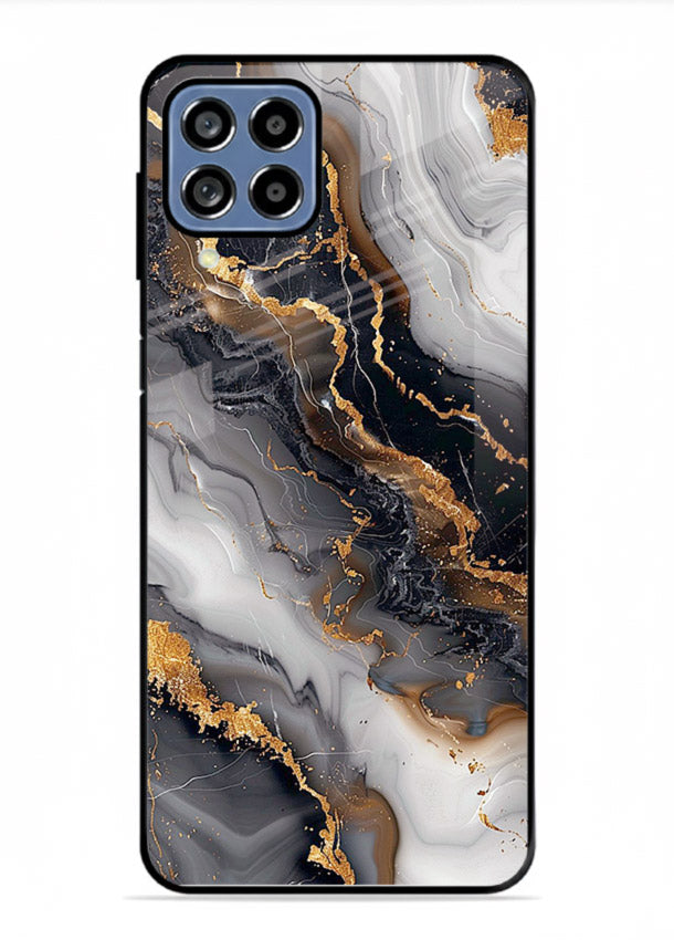 MidnightGold Marble Vein Samsung F62 glass back cover with dark marble and gold highlights