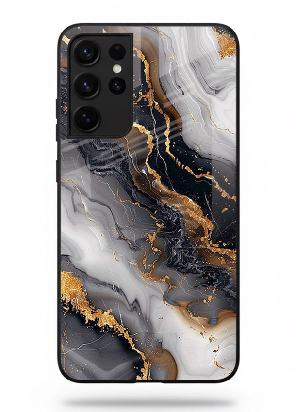 MidnightGold Marble Vein Samsung S21 Ultra glass back cover with dark marble and gold highlights