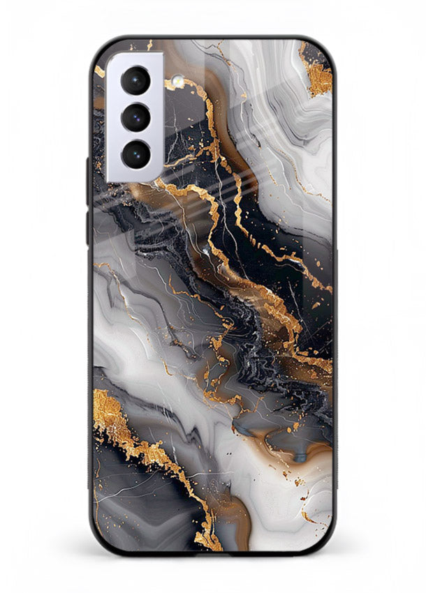 MidnightGold Marble Vein Samsung S21 Plus glass back cover with dark marble and gold highlights