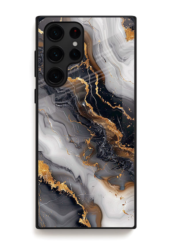 MidnightGold Marble Vein Samsung S24 Ultra glass back cover with dark marble and gold highlights