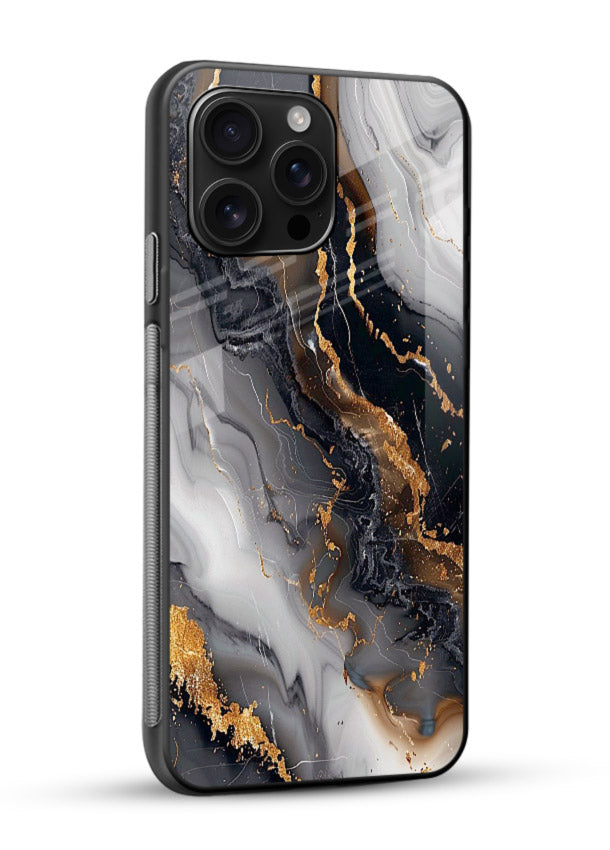 MidnightGold Marble Vein glossy vibrant premium glass back cover with dark marble and gold highlights - Angle Side