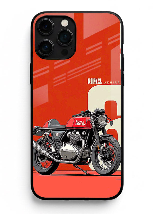 Red retro motorcycle artwork on glossy tempered glass iPhone 16 Pro Max back cover