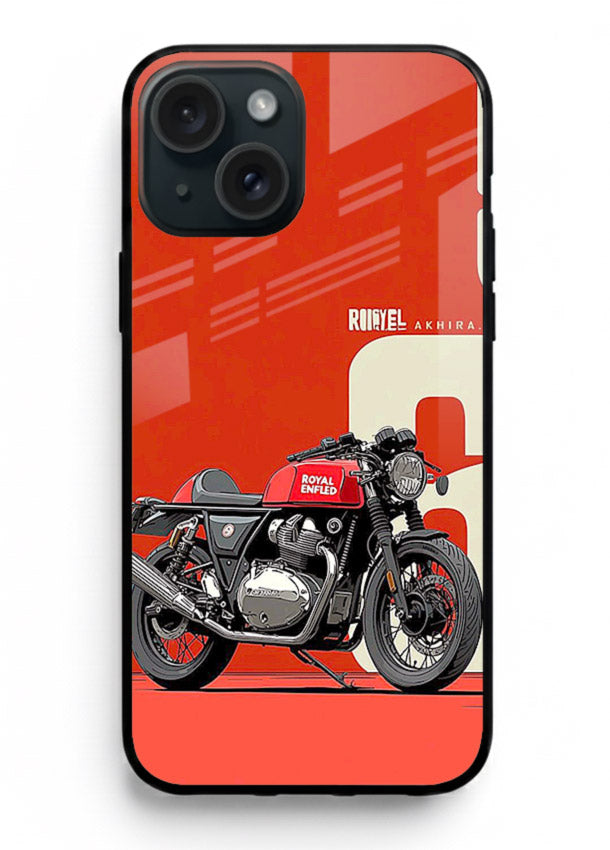Red retro motorcycle artwork on glossy tempered glass iPhone 14 Plus back cover