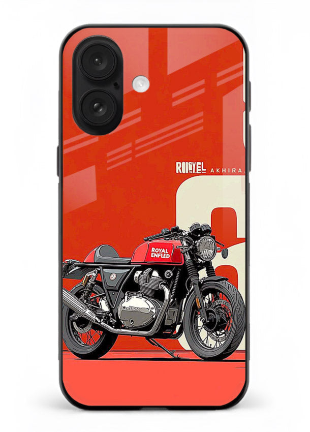 Red retro motorcycle artwork on glossy tempered glass iPhone 16 Plus back cover