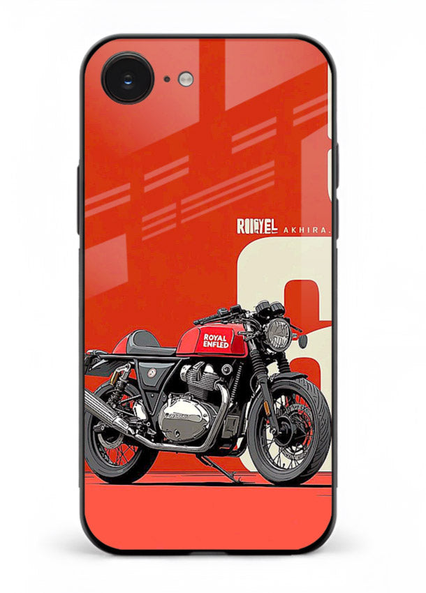 Red retro motorcycle artwork on glossy tempered glass iPhone 16E back cover