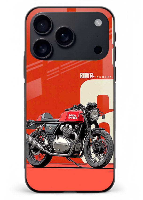 Red retro motorcycle artwork on glossy tempered glass iPhone 18 Pro Max back cover