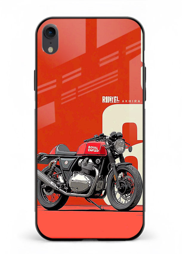 Red retro motorcycle artwork on glossy tempered glass iPhone XR back cover