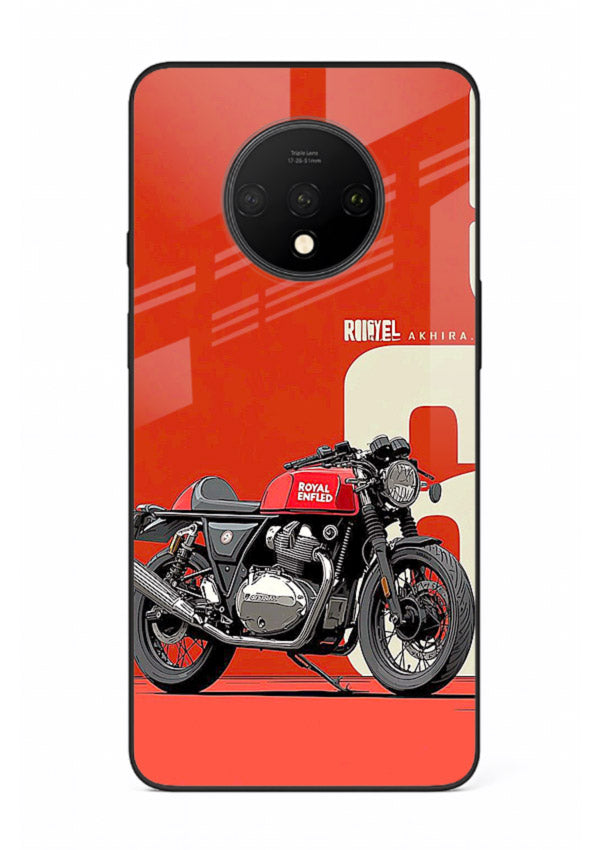 Red retro motorcycle artwork on glossy tempered glass OnePlus 7T back cover