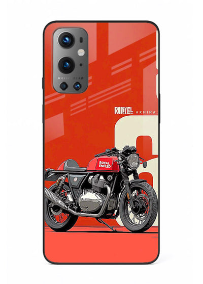 Red retro motorcycle artwork on glossy tempered glass OnePlus 9 back cover