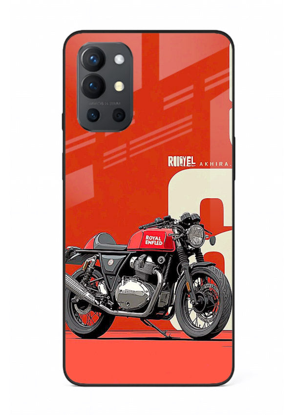 Red retro motorcycle artwork on glossy tempered glass OnePlus 9R back cover