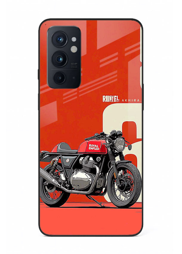 Red retro motorcycle artwork on glossy tempered glass OnePlus 9RT back cover
