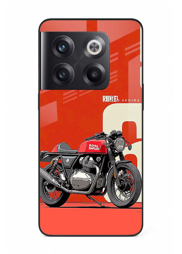 Red retro motorcycle artwork on glossy tempered glass OnePlus 10T back cover